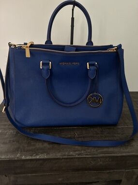 Michael Kors Royal Blue Saffiano Leather Satchel with Gold Hardware